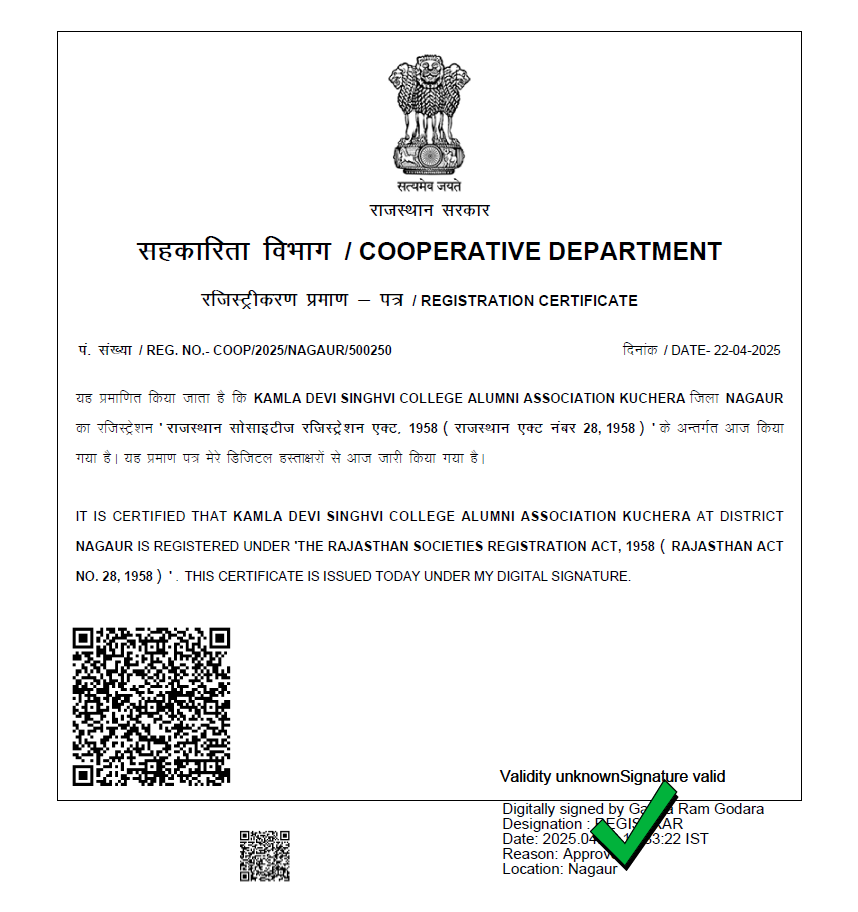 Alumni Association Registration Certificate